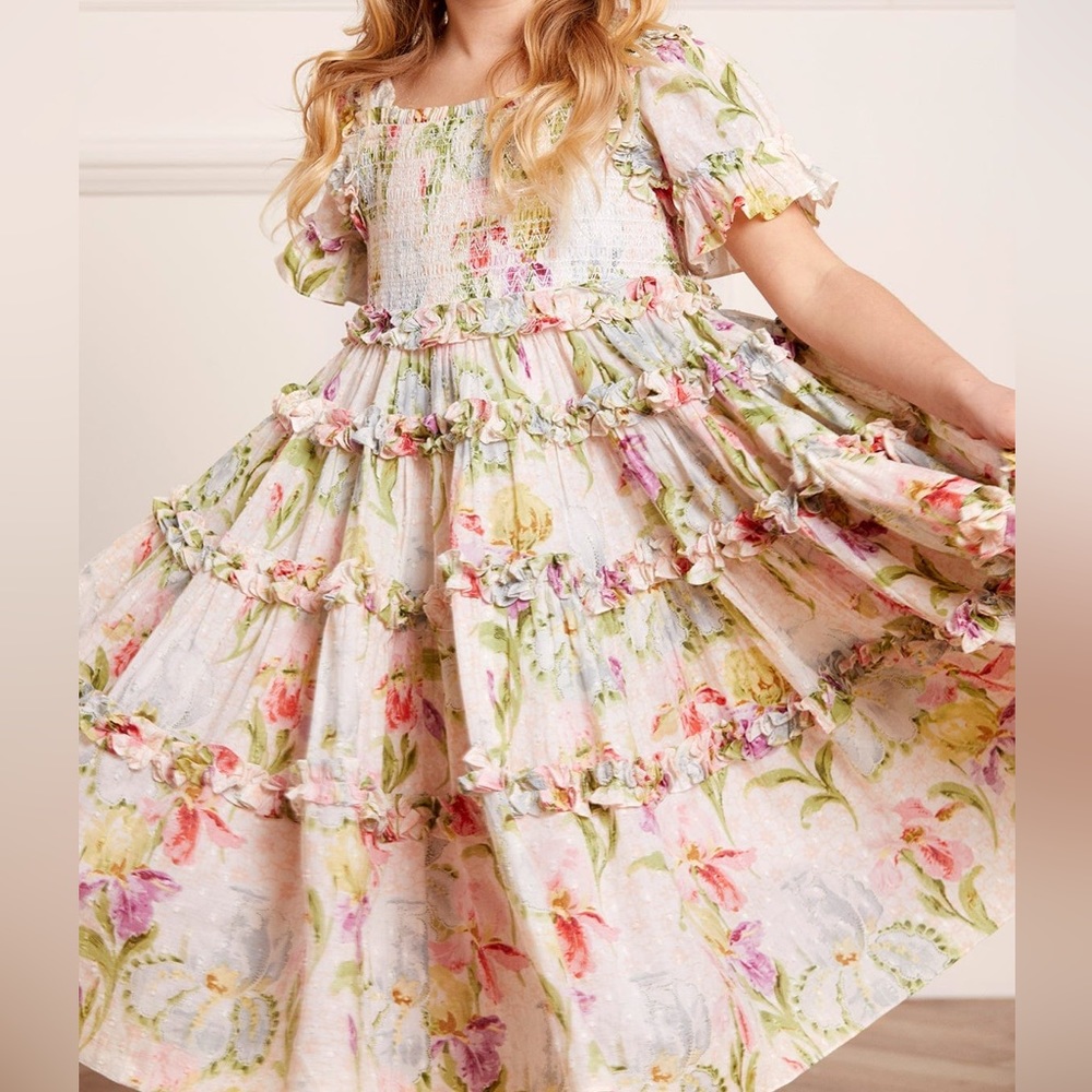 NEEDLE & THREAD Iris Bloom Cotton Smocked Kids Dress.